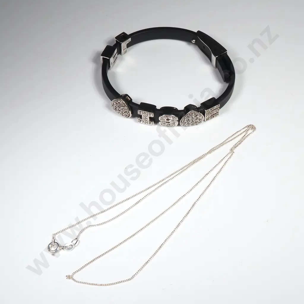 Black Bracelet With Sterling Silver Pave Set Charms & A Fine Silver Chain  Image 1++