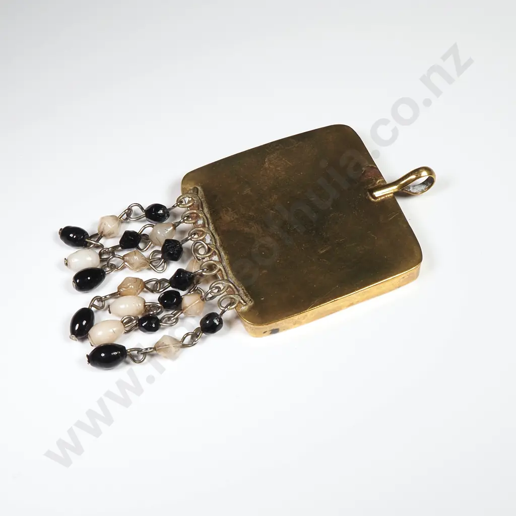 Black & White Mosaic Pendant w Gold Tone Frame Suspended w Beads Image 1++