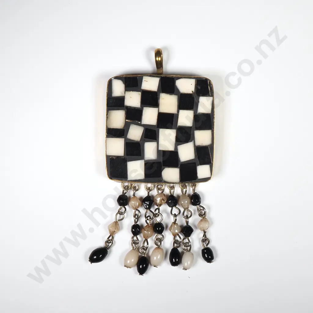 Black & White Mosaic Pendant w Gold Tone Frame Suspended w Beads Image 1++