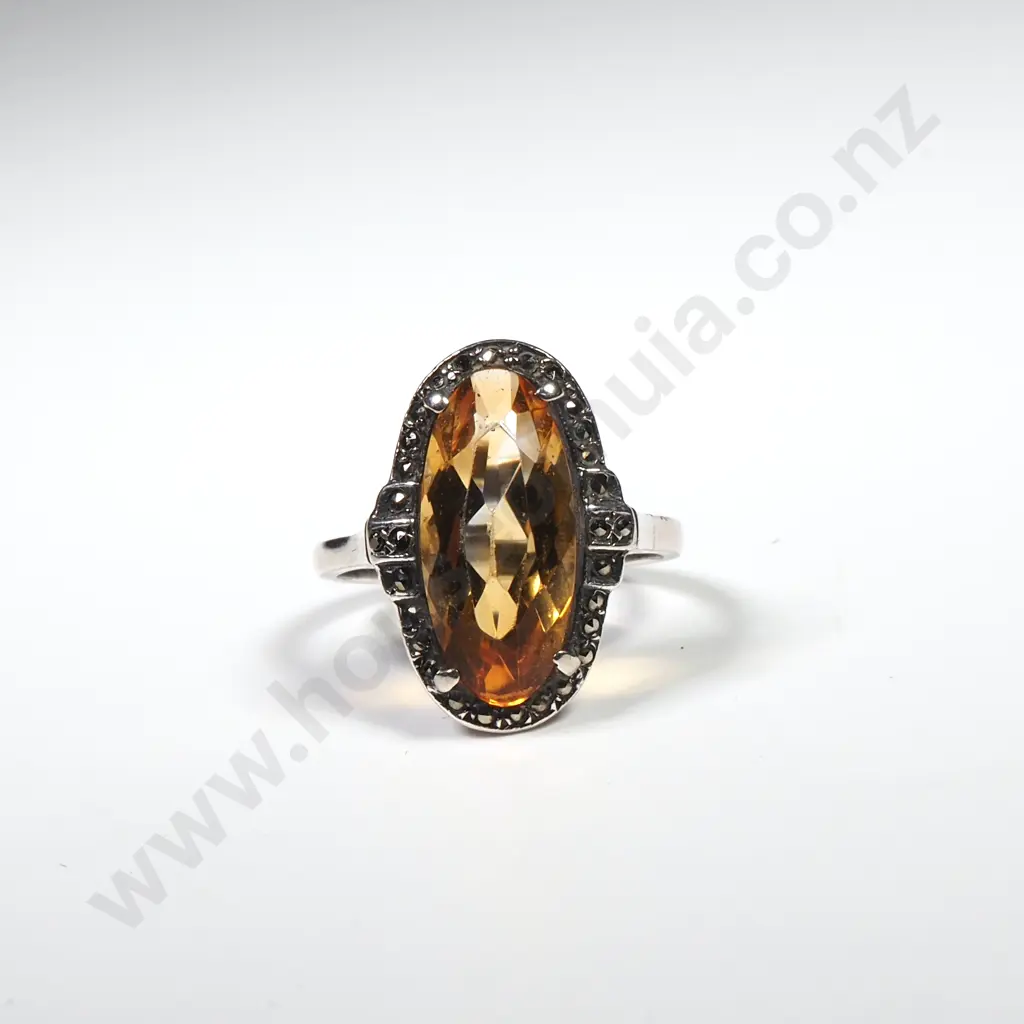 Sterling Silver & Marcasite Ring set w Oval Yellow Stone, Possibly a Citrine Image 1++