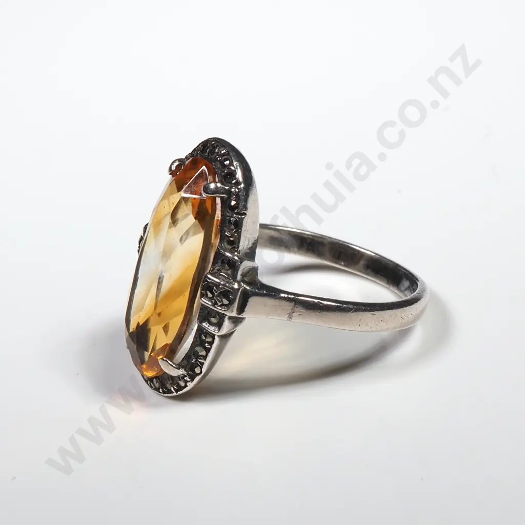 Sterling Silver & Marcasite Ring set w Oval Yellow Stone, Possibly a Citrine Image 1++