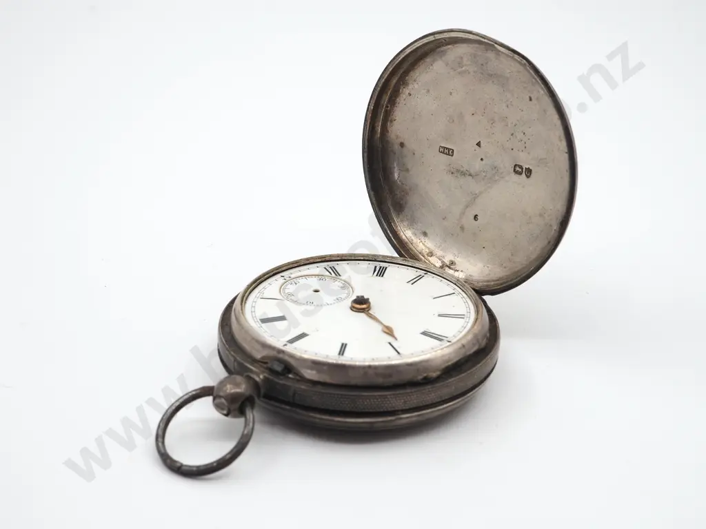 Textured Sterling Hunter Pocket Watch w Crest Image 1++