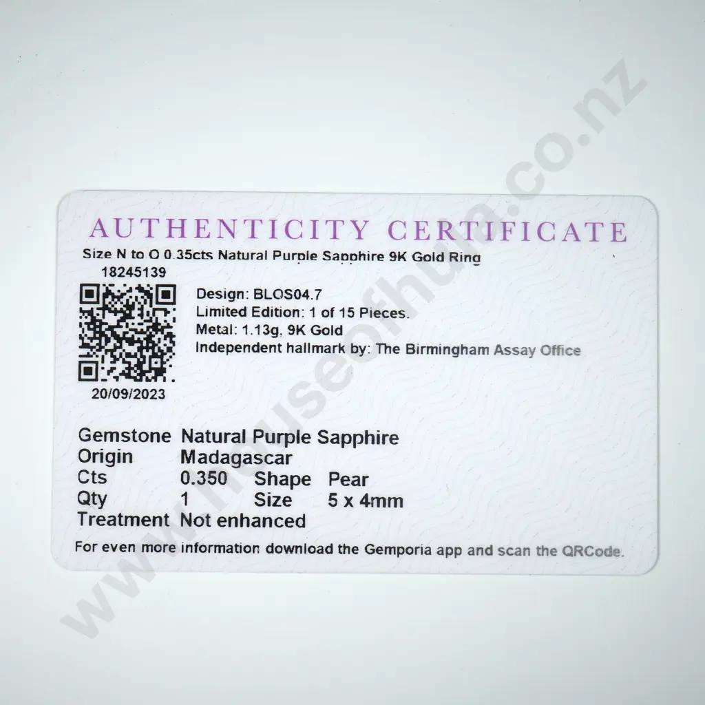 9ct Gold Purple Sapphire Ring w Certriciate Image 1++