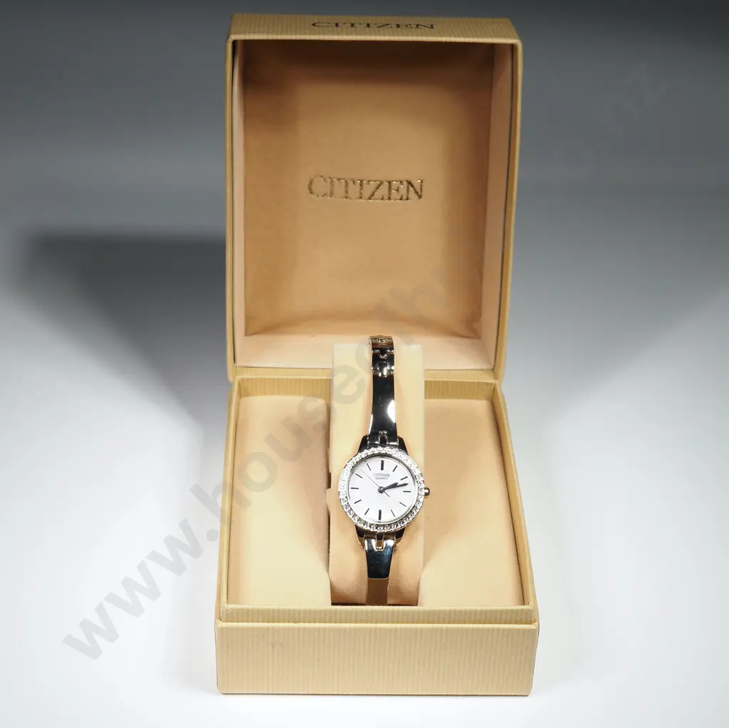 Two Ladies Citizen Dress Watches (One MIB) & Two Ladies Wristwatches With White Stone Surrounds.  Image 1++