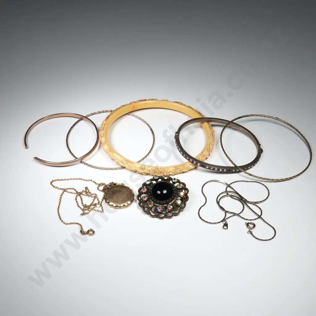 Carved Bracelet, Costume Jewellery Brooch, Gold Plated Bracelet, Three Silver Tone Bangles & A Silver Necklace Image 1++
