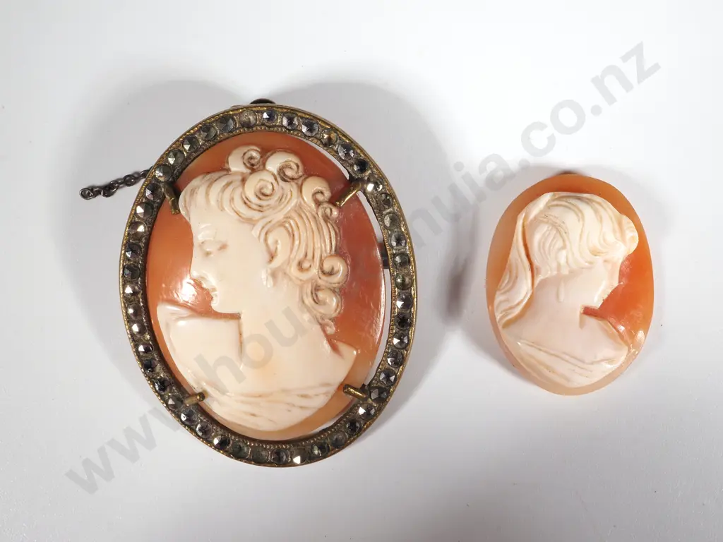 Oval Cameo Brooch w Marcasite Surround. Cameo Depicting Bust Of A Young Woman And Another Cameo Shell with Portrait. Image 1++