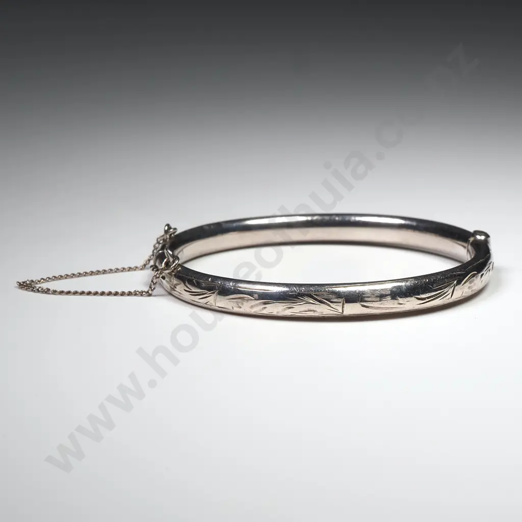 Vintage Sterling  Silver Child's Snap Bangle With Engraved Front & Safety Chain Image 1++