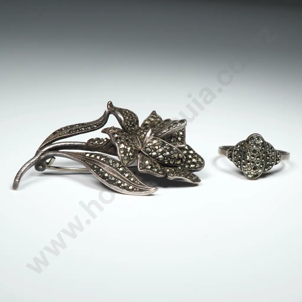 Two Silver Marcasite Pieces - Ring & Brooch Image 1++