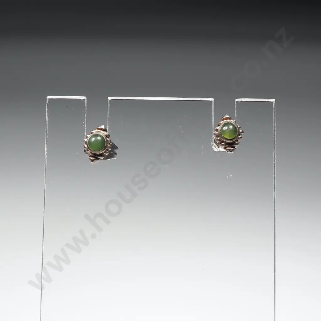 Pair Of Sterling Silver & Greenstone Stud Earrings Image 1++