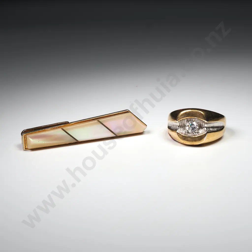Gold & White Rolled Gold Ring with Single White Stone & A Mother Of Pearl & Gold Plate Tiepin Image 1++