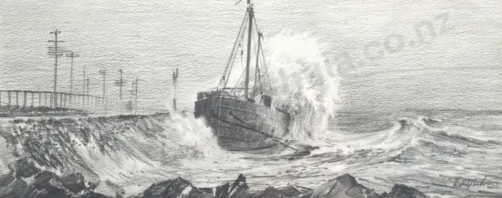 'NZ Steamship S.S.John - Run Aground North of Kaiwarra', 1936 -  Graphite on Paper Image 1++