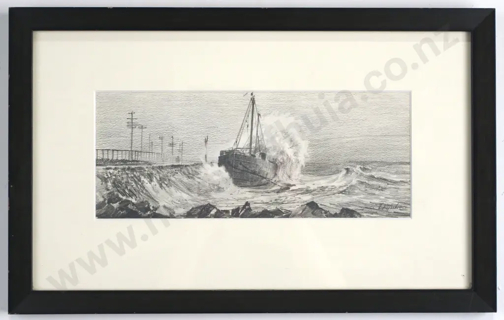 'NZ Steamship S.S.John - Run Aground North of Kaiwarra', 1936 -  Graphite on Paper Image 1++