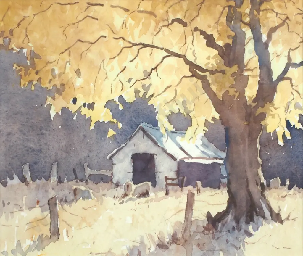Brian Halliday - Country Scene w Hut, Watercolour Image 1++