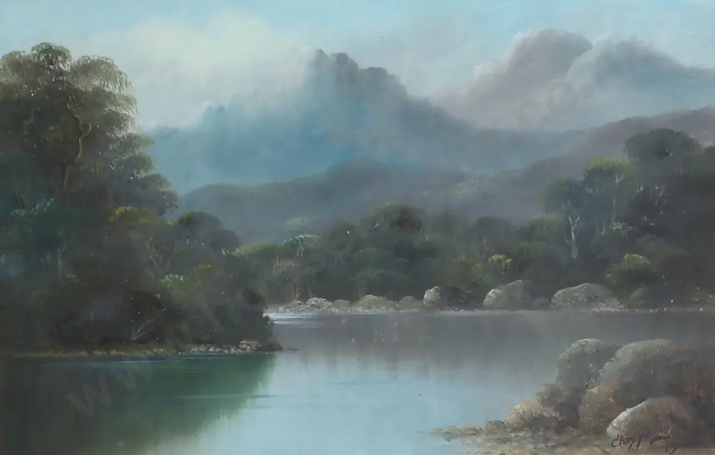 Chas Young - South Island Mountain & Lake Scene, Oil Image 1++