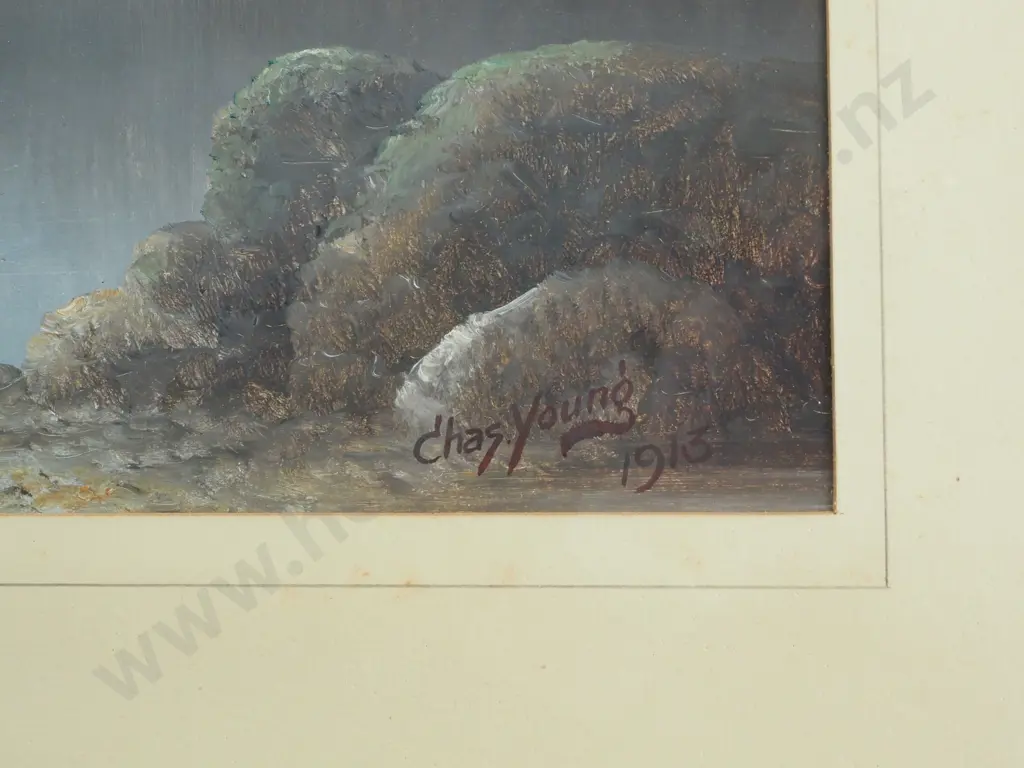 Chas Young - South Island Mountain & Lake Scene, Oil Image 1++