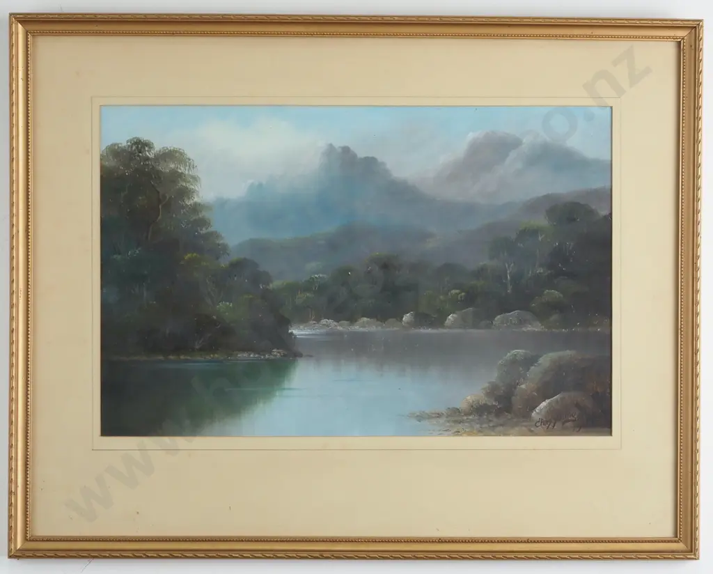 Chas Young - South Island Mountain & Lake Scene, Oil Image 1++