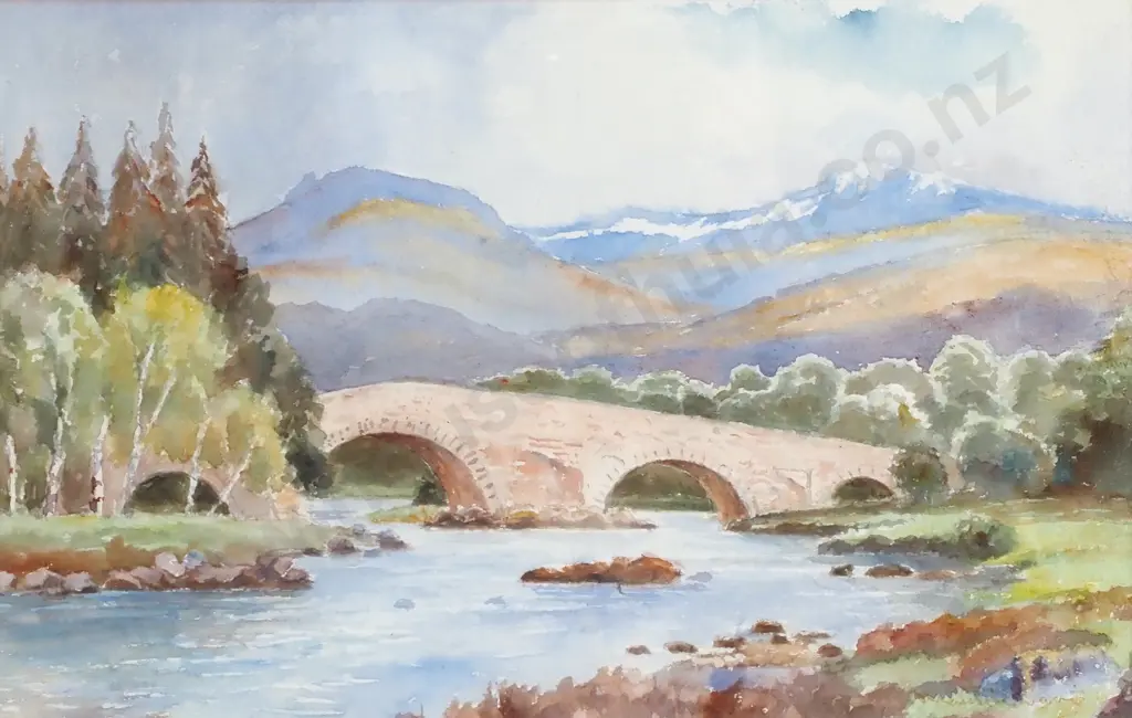 Maurice Davis - Landscape w Bridge, Watercolour Image 1++