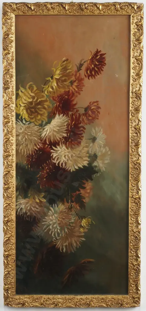 Artist Unknown - Chrysanthemums, Oil in Gilt Frame Image 1++