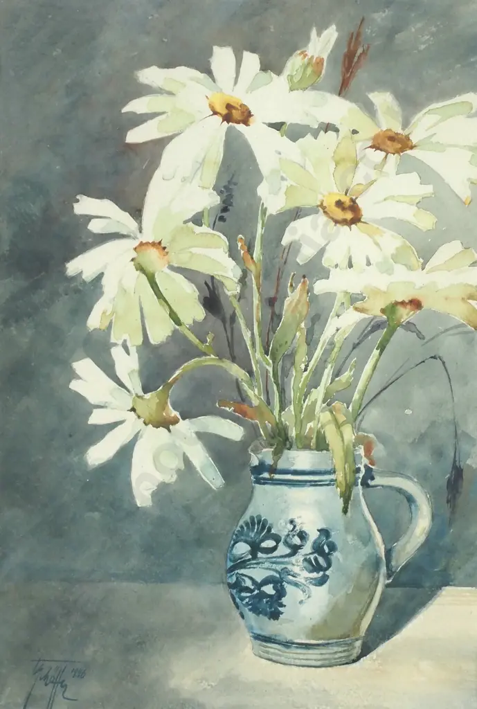 Artist Indecipherable - Still Life With Daisies, Watercolour Image 1++