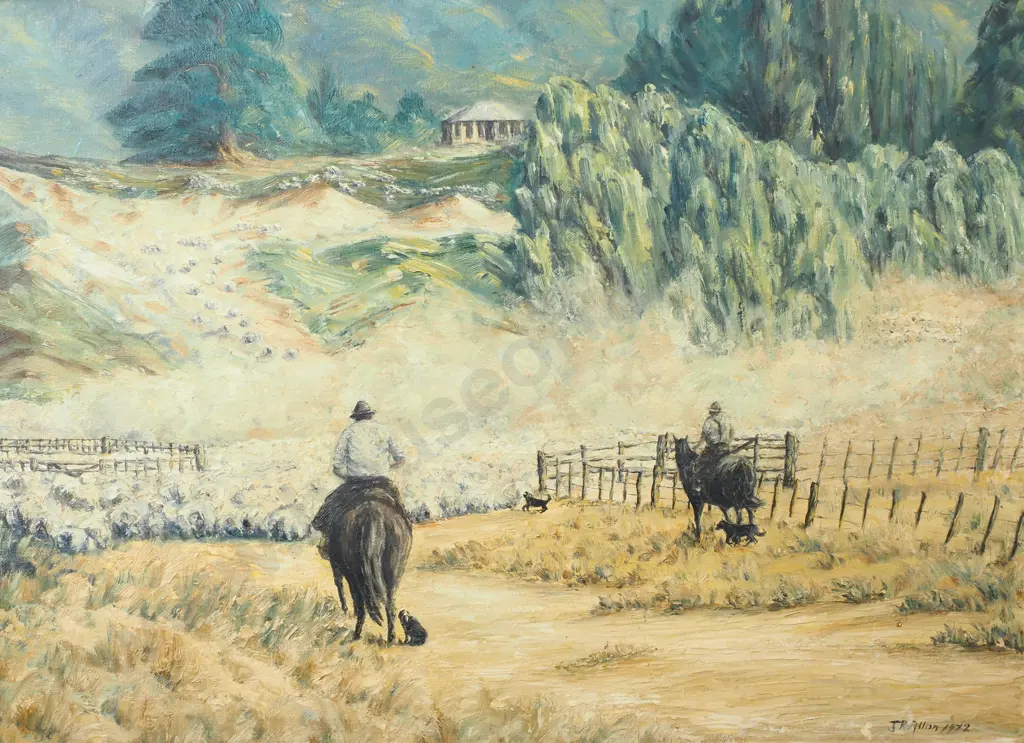 J R Allan - North Island Sheep Muster, Oil on Board Image 1++