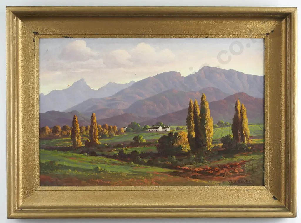G J Beukes - South African Rural Scene w Poplar trees, Oil Image 1++