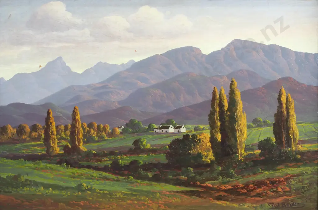 G J Beukes - South African Rural Scene w Poplar trees, Oil Image 1++