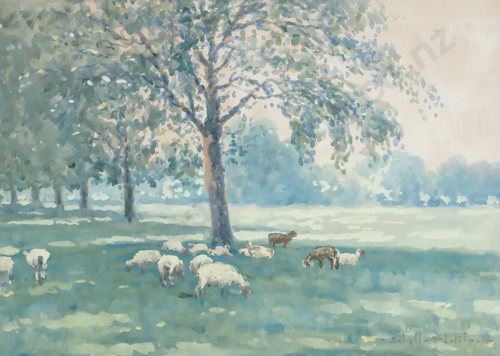 Blythe Fletcher - Pastoral Scene w Grazing Sheep, Watercolour & Gouache Image 1++