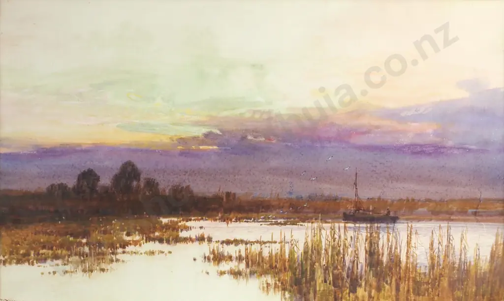 Frederick John Widgery - 'Boat on Estuary' , Watercolour, Circa 1900 Image 1++