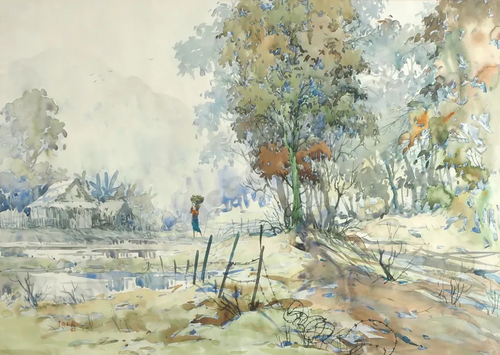 Mohammed Zain - Indonesian Village Scene, Watercolour Image 1++