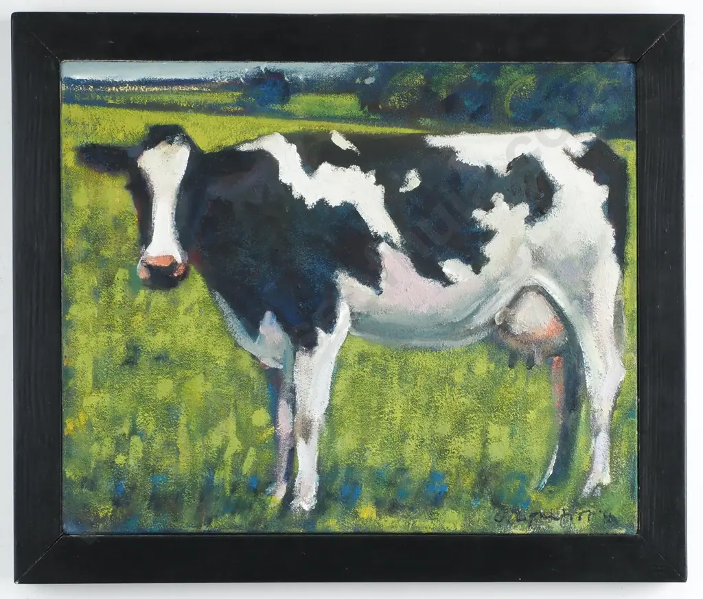 Artist Indecipherable, Holbein Cow, Oil on Stretched Canvas Image 1++