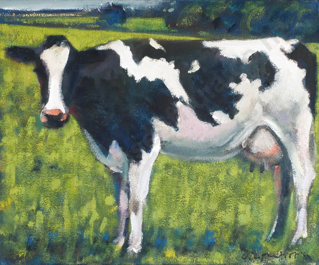 Artist Indecipherable, Holbein Cow, Oil on Stretched Canvas Image 1++