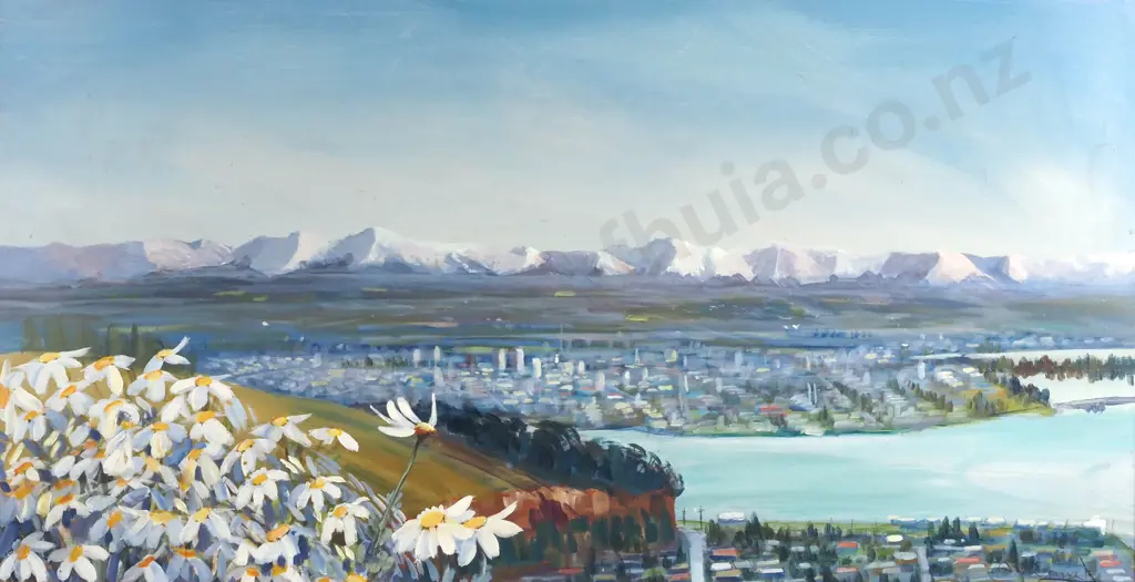 'Christchurch & Canterbury Plains towards Southern Alps' - Oil on Board Image 1++