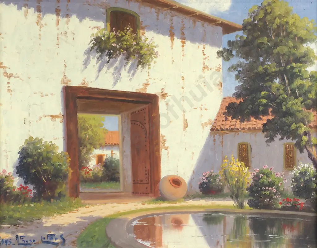 Alfredo Lobos - European Sun-drenched Courtyard, Oil Image 1++