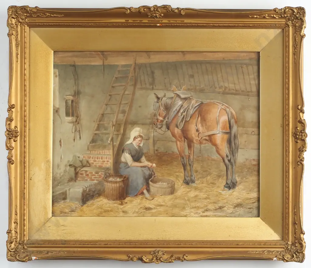 W H Wheelwright - Horse & Woman in Stable, Watercolour Image 1++