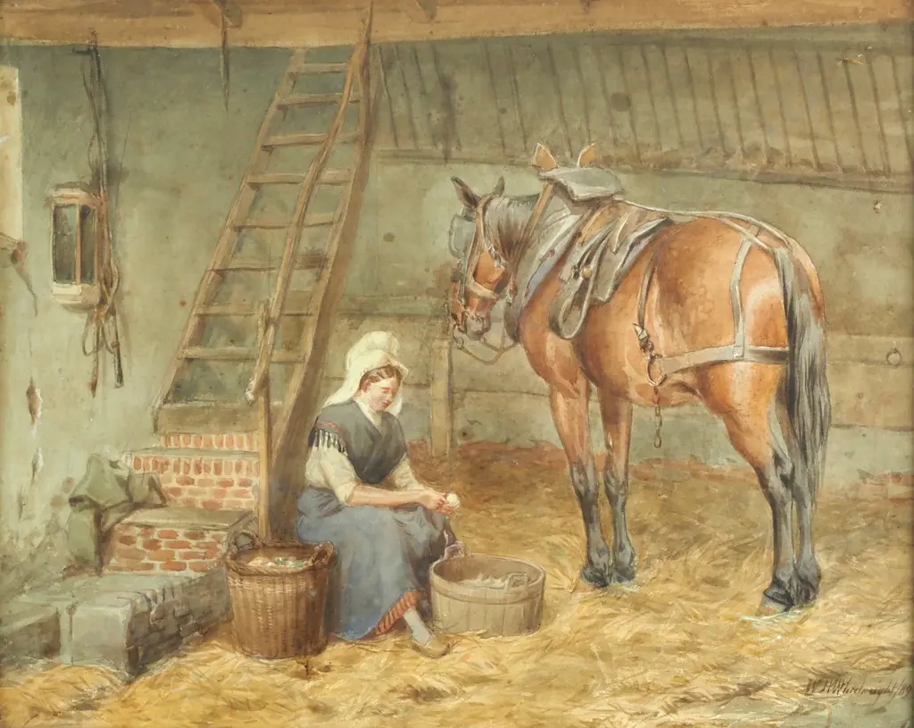 W H Wheelwright - Horse & Woman in Stable, Watercolour Image 1++