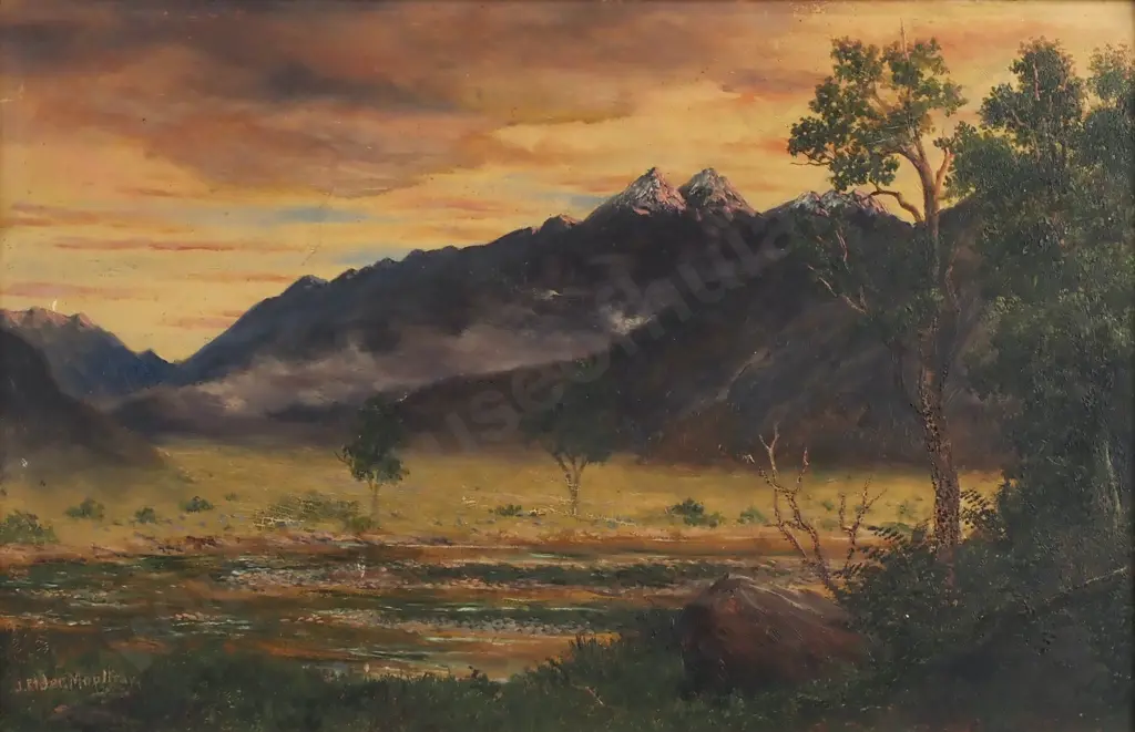 J Elder Moultray - Rees Valley From Earnslaw  Creek, Paradise Flat, Looking Towards Lake Wakatipu,  Oil on Canvas Image 1++
