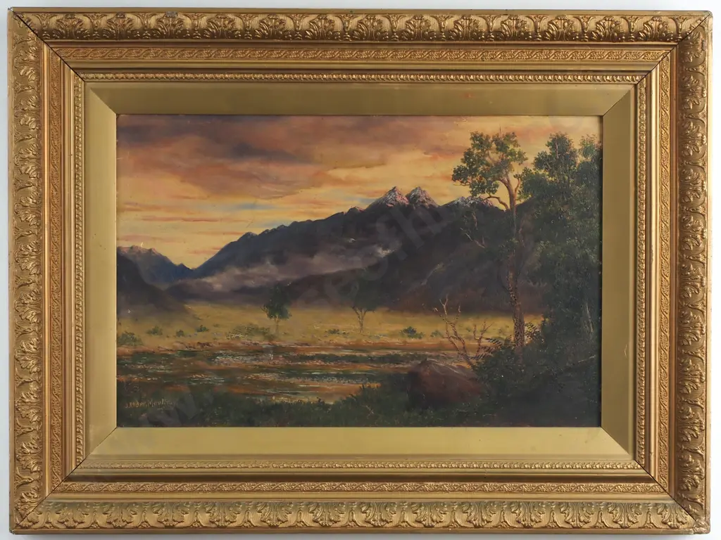 J Elder Moultray - Rees Valley From Earnslaw  Creek, Paradise Flat, Looking Towards Lake Wakatipu,  Oil on Canvas Image 1++