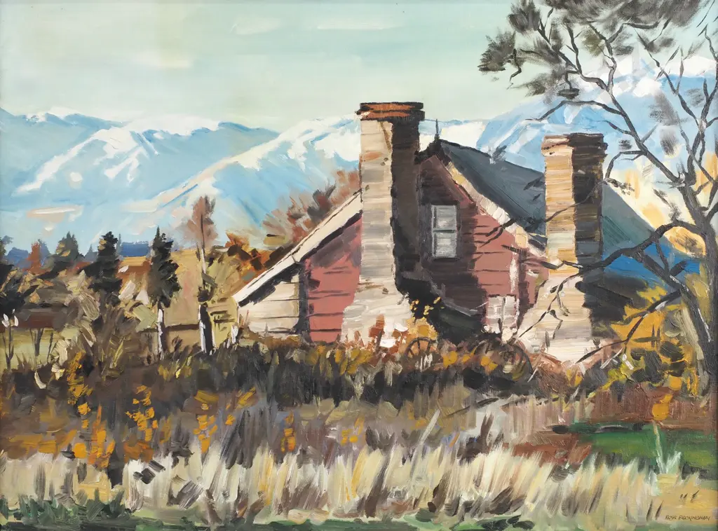 Ross Beckingham - 'Rural Cottage w Alpine Backdrop'. Oil on Board Image 1++