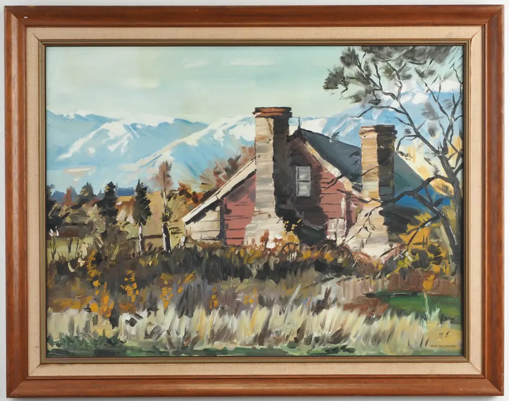 Ross Beckingham - 'Rural Cottage w Alpine Backdrop'. Oil on Board Image 1++
