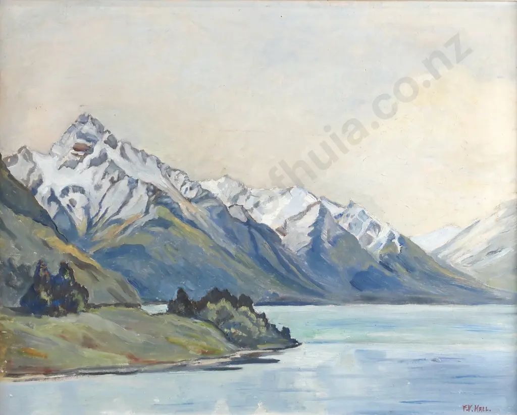 F.V. Hall - 'Walter Peak, Queenstown', Oil on Board. Image 1++
