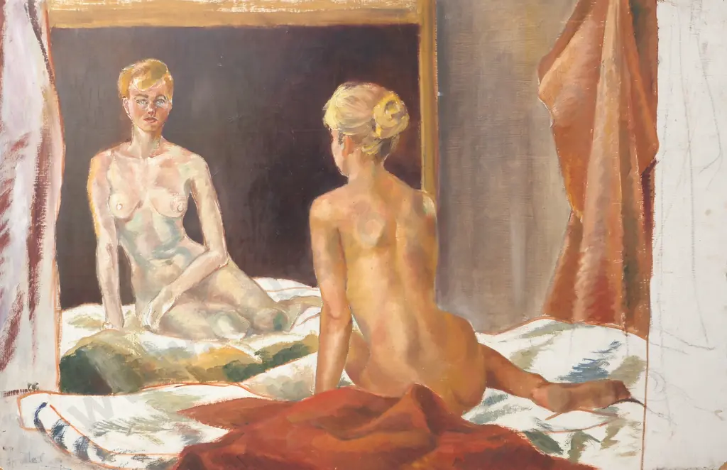Barbara Blakemore Fowler - Nude in Mirror (Double Sided), Oil on Board Image 1++