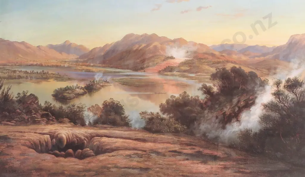 Charles Blomfield - Lake Rotomaha Showing the Pink Terraces, Print Image 1++