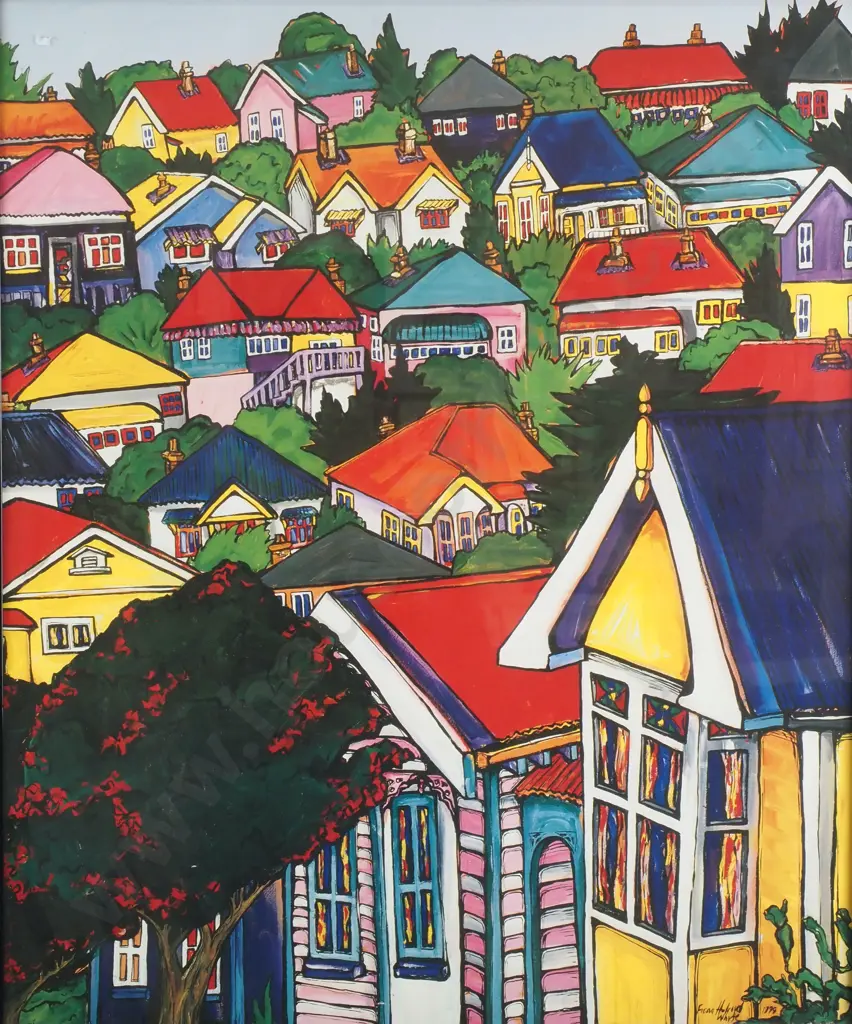 Fiona Whyte - Colourful Hillside Houses, Auckland, Print Image 1++