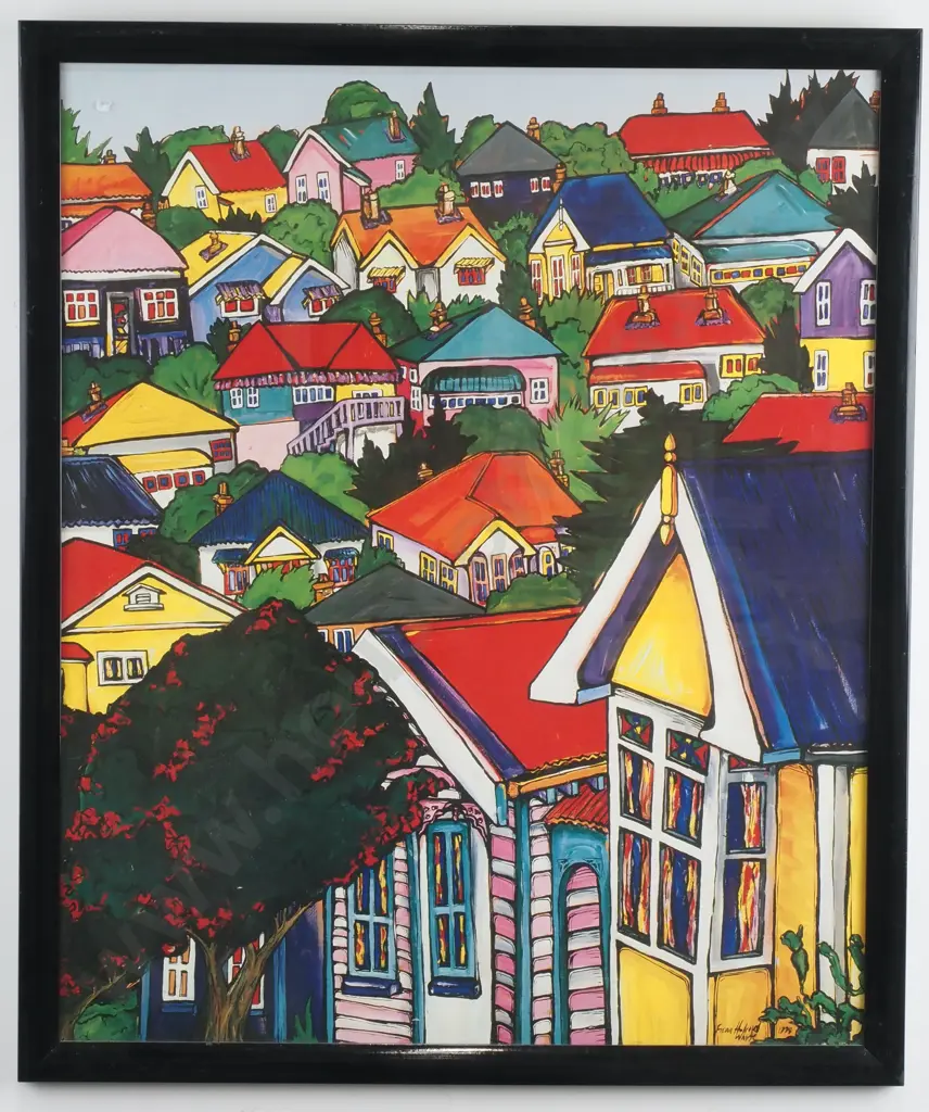 Fiona Whyte - Colourful Hillside Houses, Auckland, Print Image 1++