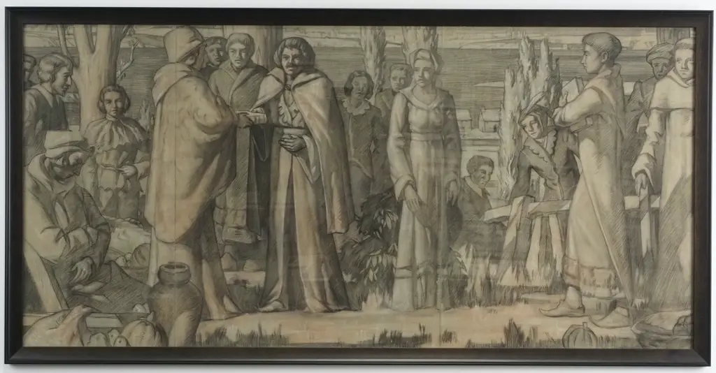 Attributed to Alan Lee (Verso ) - Historical Scene of a Gathering of Figures, Charcoal & Pencil (in Three Sections) Image 1++