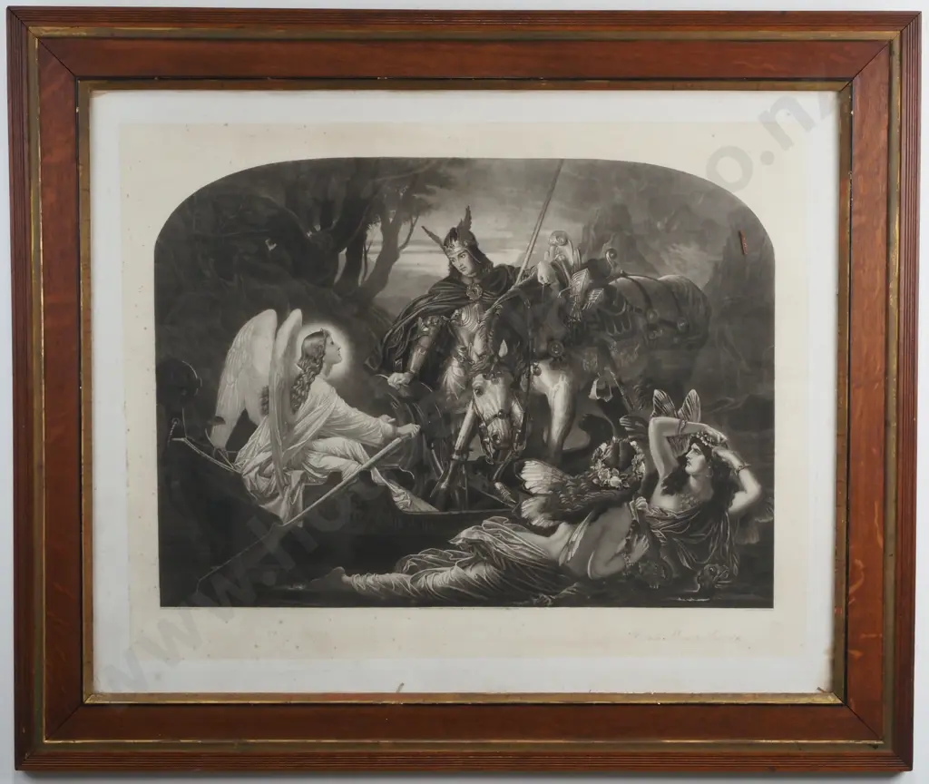 After Sir Joseph Noel Paton. 1894. How and Angel Rowed Galahad Across Dern Mere. Stamped Meso tint w Etching. Image 1++