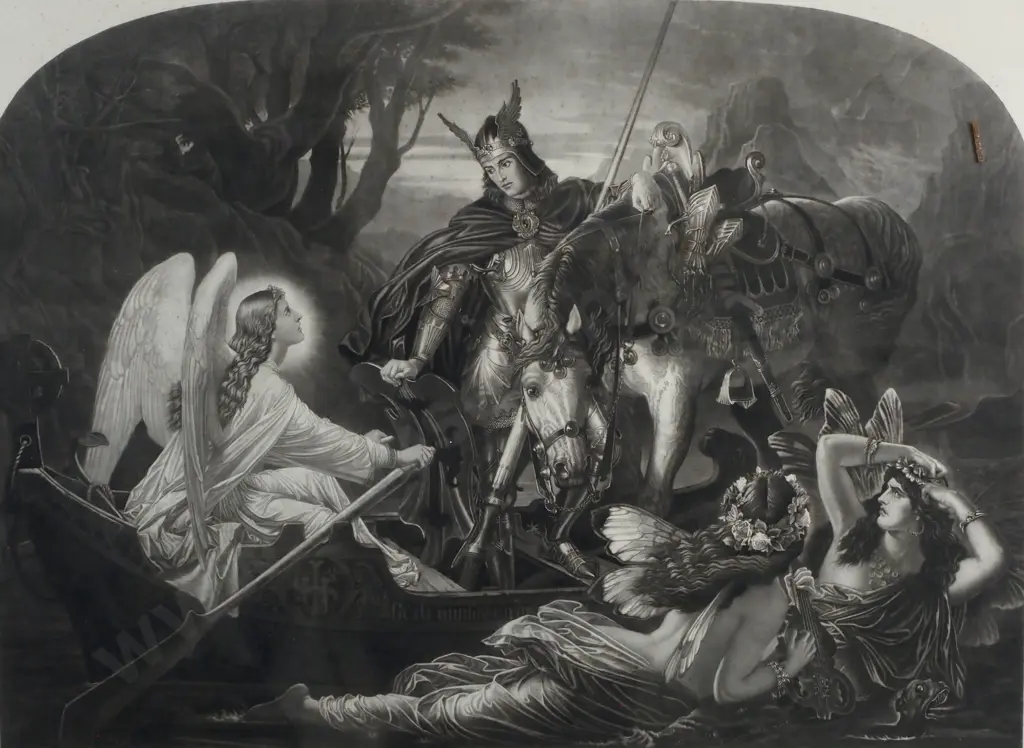 After Sir Joseph Noel Paton. 1894. How and Angel Rowed Galahad Across Dern Mere. Stamped Meso tint w Etching. Image 1++