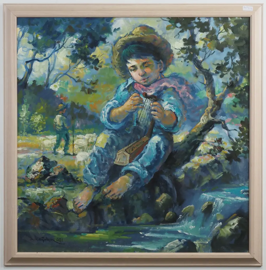 M B Gabin - Boy By River, Oil on Canvas, 1991 Image 1++
