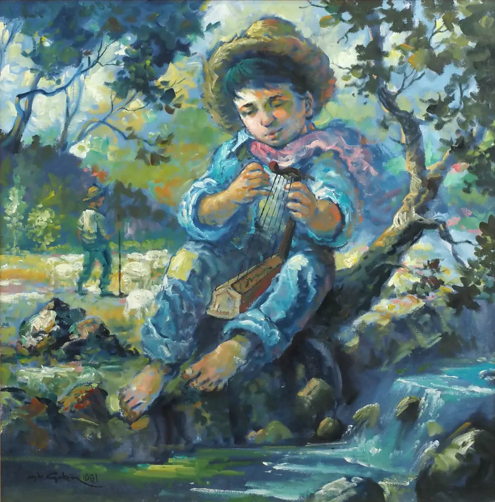 M B Gabin - Boy By River, Oil on Canvas, 1991 Image 1++