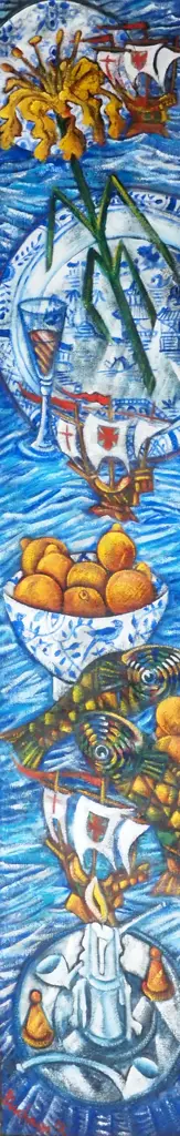 Dean Buchanan - Religious Painting with Fruit, Fish, Candles, Blue & White. Oil On Sacking Canvas. Signed Image 1++